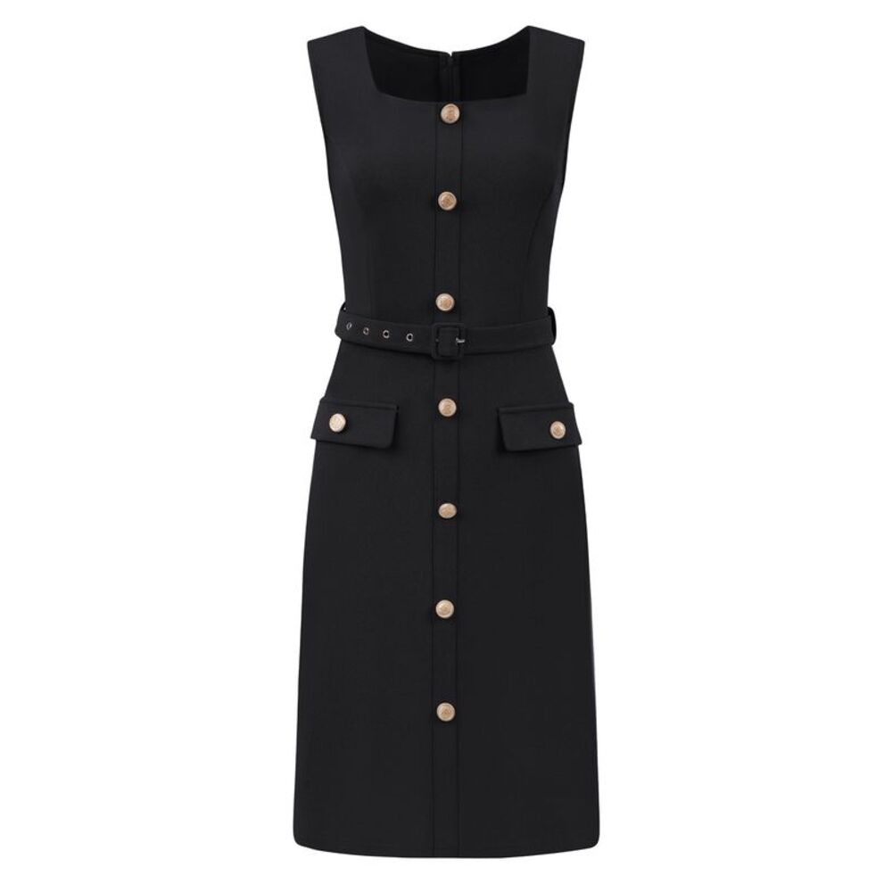 Women Sleeveless Office Square Neck Button Work Dress Black